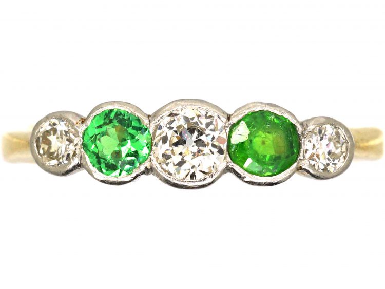 Edwardian 18ct Gold, Rub Over Set Green Garnet & Diamond Five Stone Ring