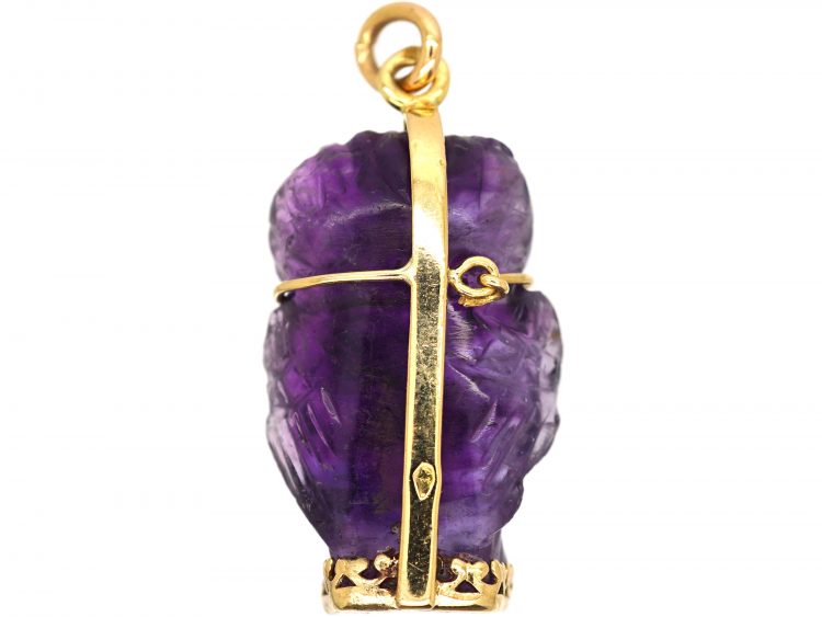 French 18ct Gold & Carved Amethyst Pendant of an Owl