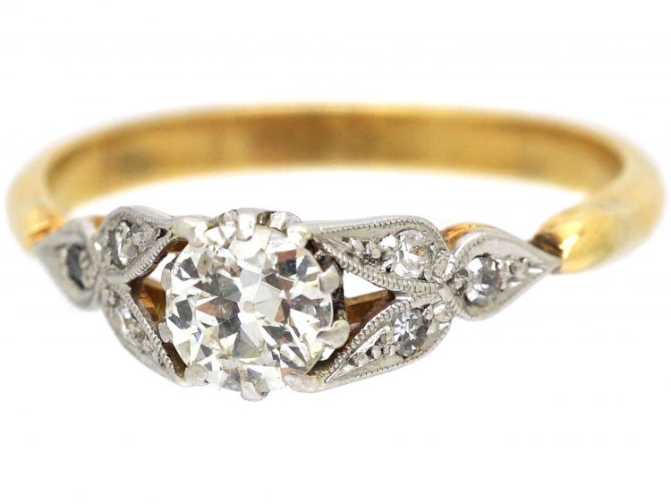 Art Deco 18ct Gold and Platinum, Diamond Solitaire Ring with Diamond Set Leaf Shoulders