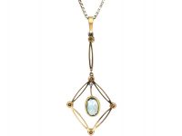 Art Deco 15ct Gold & Platinum Aquamarine & Diamond Drop Pendant on Chain in Original Case