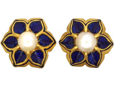 Victorian 18ct Gold, Royal Blue Enamel & Natural Pearl Stud Earrings