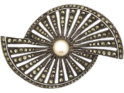 Art Deco Silver, Marcasite & Cultured Pearl Fan Brooch