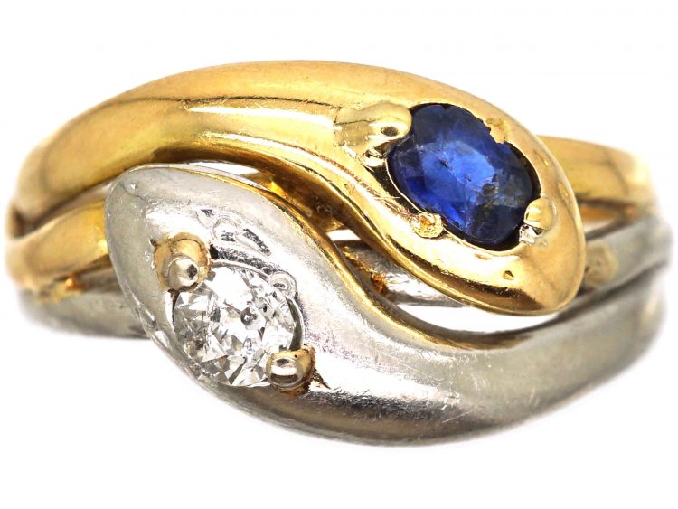 Art Deco 18ct Gold and Platinum Double Snake Ring set with a Sapphire and Diamond