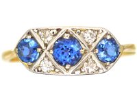 Art Deco 18ct Gold and Platinum, Sapphire and Diamond Plaque Ring