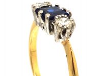 Art Deco 18ct Gold, Square Cut Sapphire & Diamond Three Stone Ring