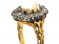 Edwardian 18ct Gold, Natural Pearl & Old Mine Cut Diamond Cluster Ring