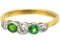 Edwardian 18ct Gold, Rub Over Set Green Garnet & Diamond Five Stone Ring