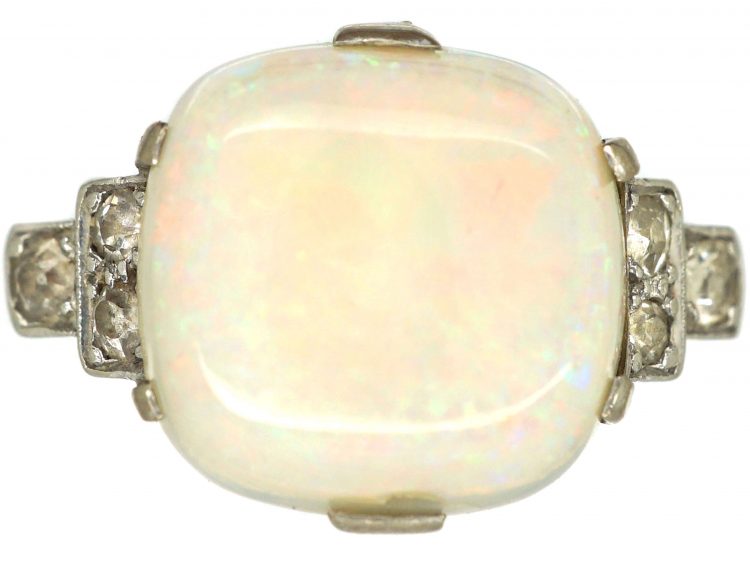 Art Deco 18ct White Gold & Platinum, Cabochon Opal and Diamond Ring