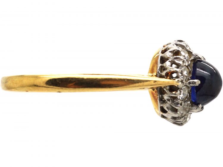 Art Deco 18ct Gold, Cabochon Sapphire & Diamond Cluster Ring