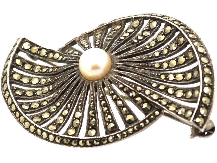Art Deco Silver, Marcasite & Cultured Pearl Fan Brooch