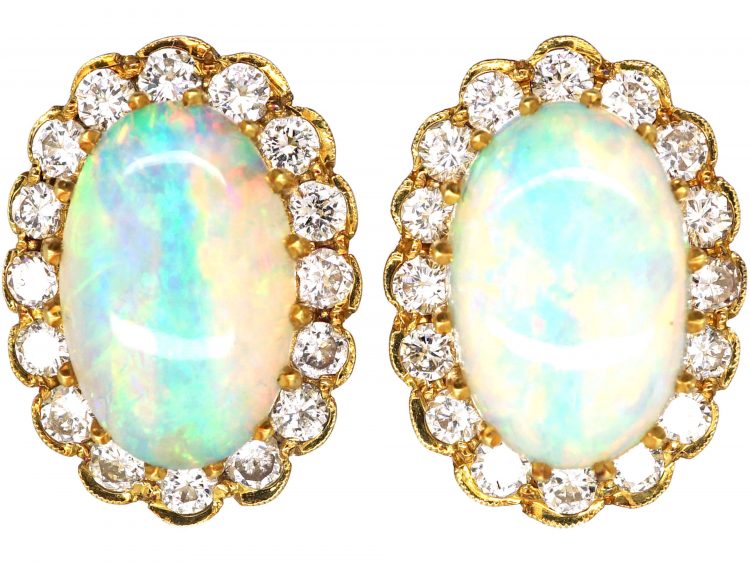 14ct Gold, Large Opal and Diamond Oval Cluster Earrings