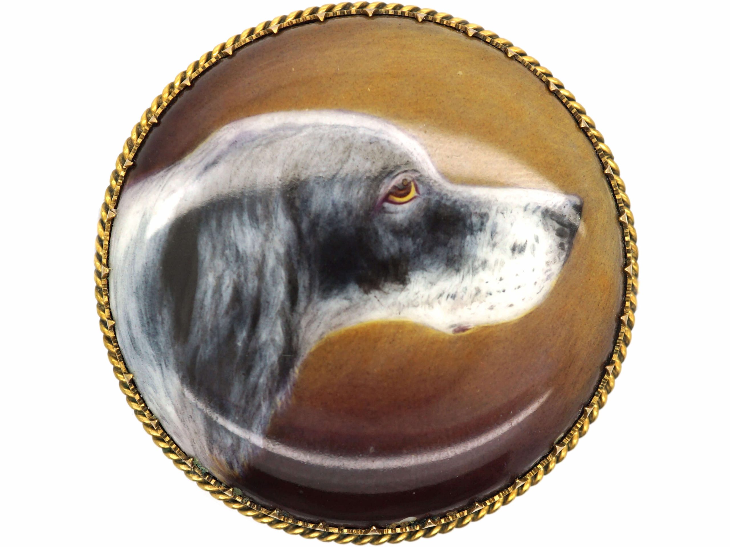 Victorian 15ct Gold & Enamel Brooch of an English Setter signed by  Ford  in 1884 (194S) | The Antique Jewellery Company