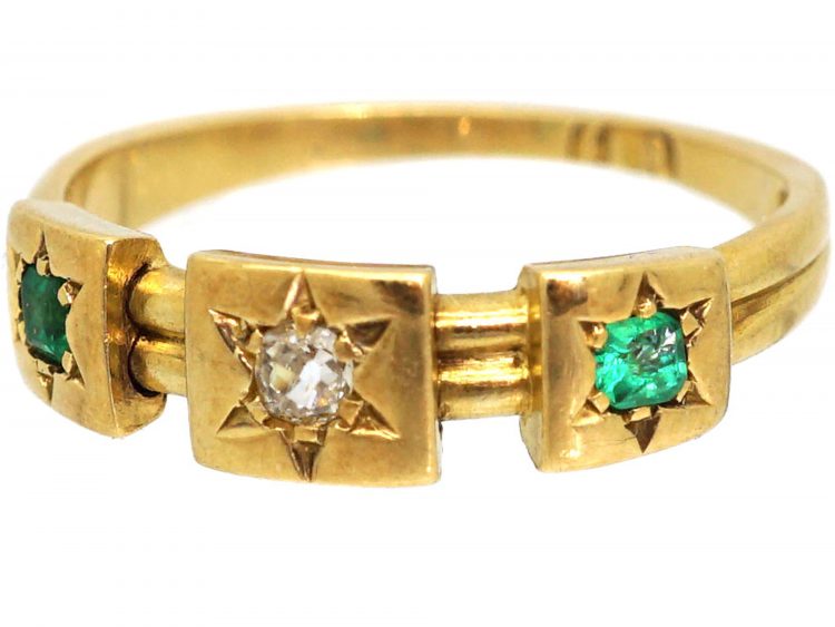 Victorian 18ct Gold Emerald and Diamond Ring with Square Mounts