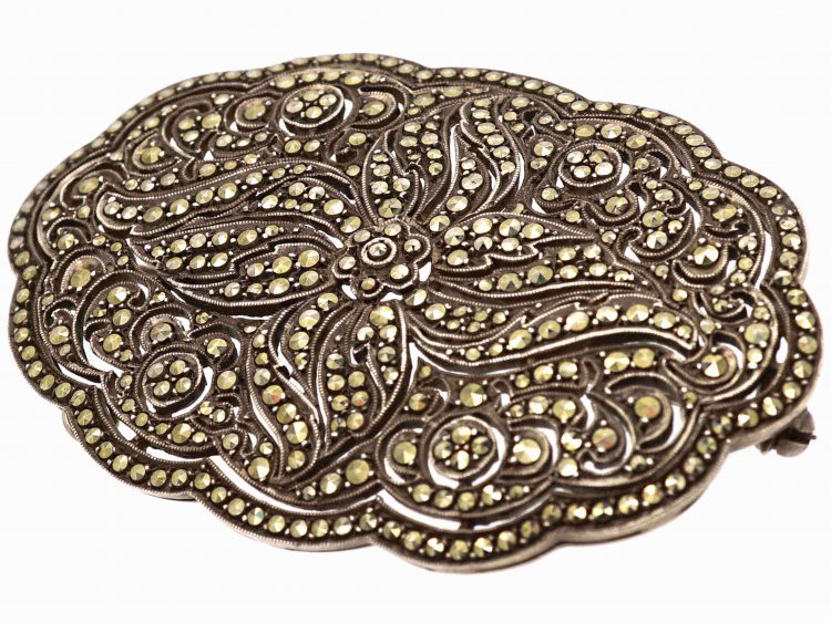 Art Deco Silver & Marcasite Oval Shaped Brooch