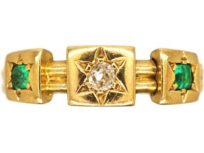 Victorian 18ct Gold Emerald and Diamond Ring with Square Mounts