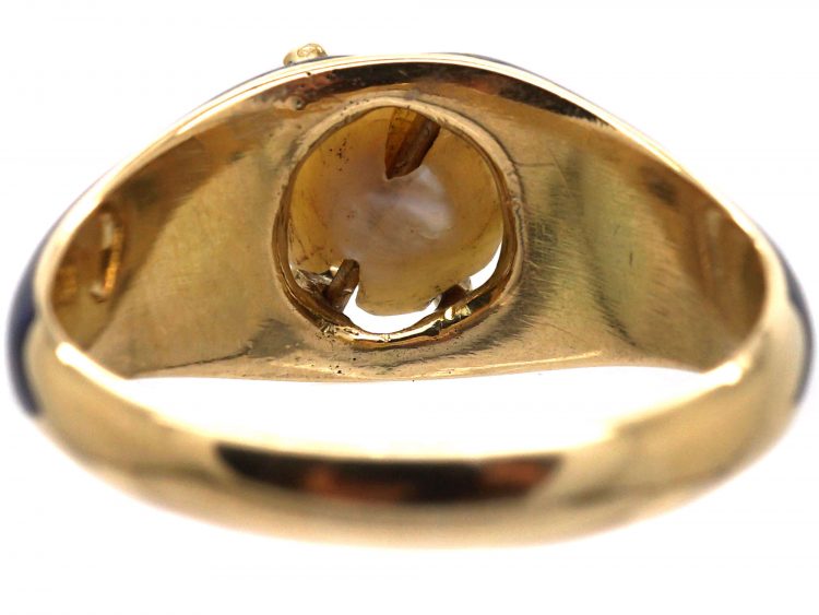 Victorian 18ct Gold, Blue Enamel, Rose Diamond & Natural Pearl Ring