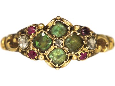 Regency 15ct Gold, Emerald, Ruby & Rose Diamond Ring