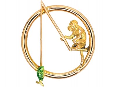 Edwardian 15ct Gold Monkey & Fish Novelty Brooch