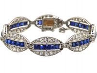 French Art Deco 18ct White Gold & Platinum, Diamond & Burma Sapphire Elliptical Design Bracelet by Edouard Caen