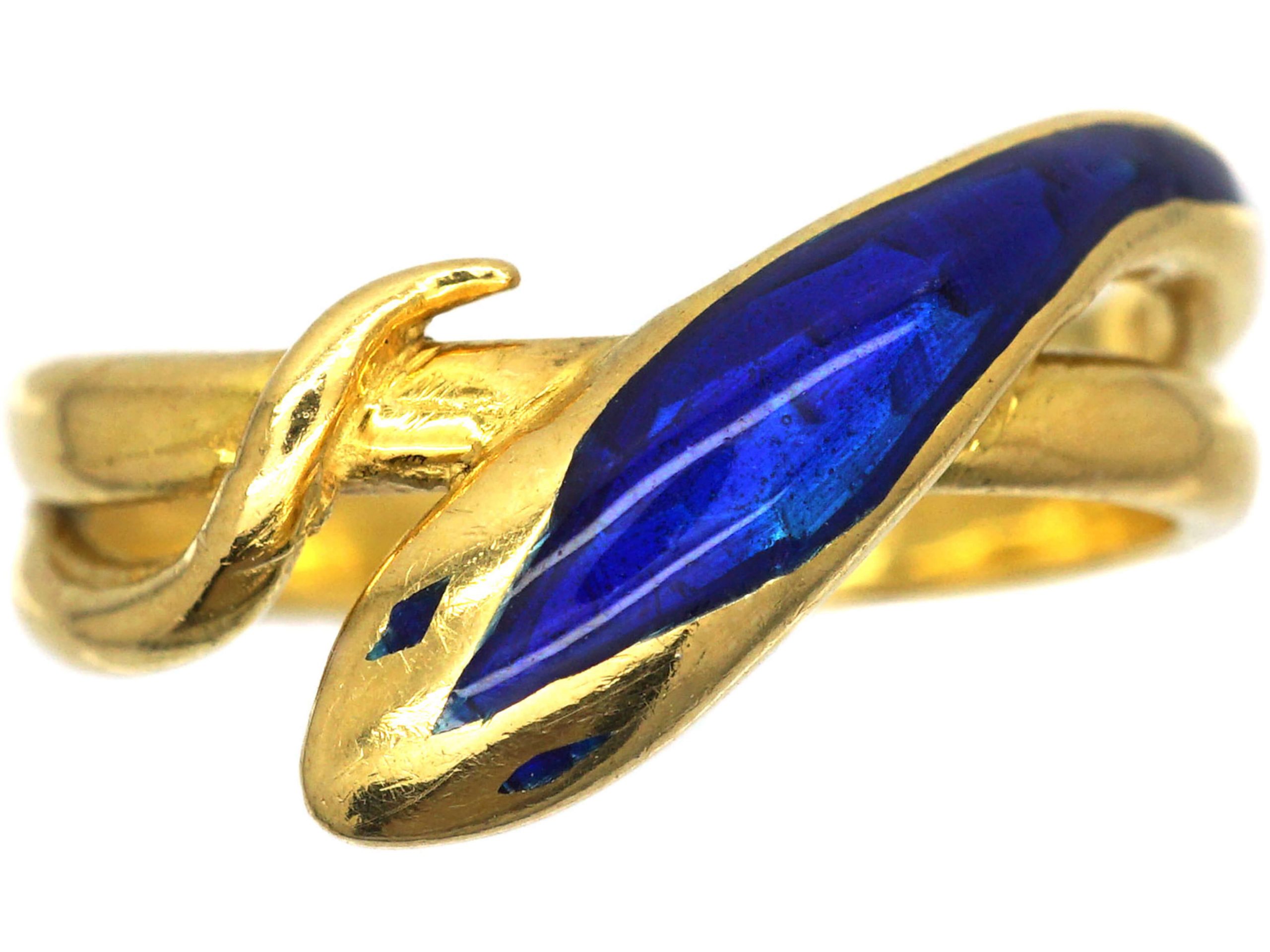 1970s 18ct Gold & Blue Enamel Snake Ring (439S) | The Antique