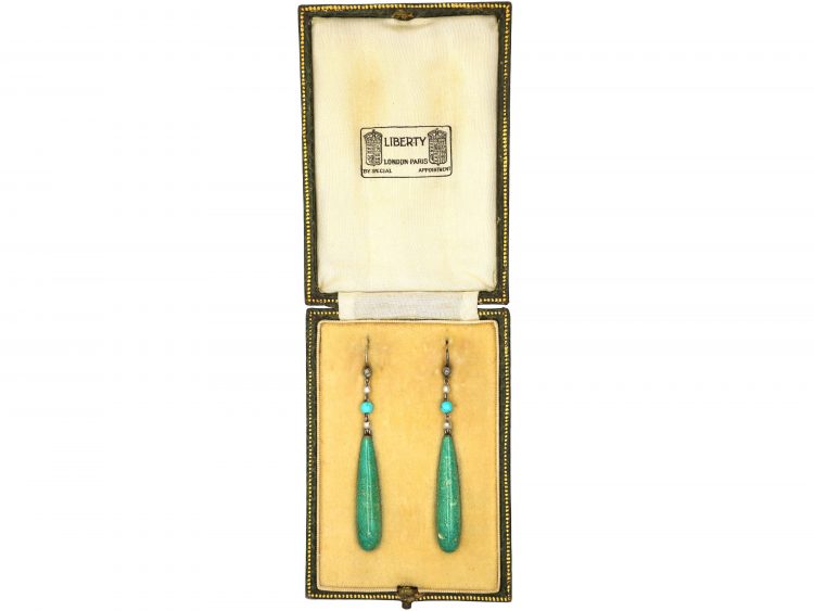Art Deco Rose Diamond, Turquoise, Natural Pearl & Amazonite Drop Earrings by Liberty in Original Case