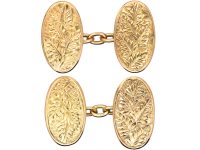 Edwardian 9ct Gold Cufflinks with Engraved Fern Leaf Detail