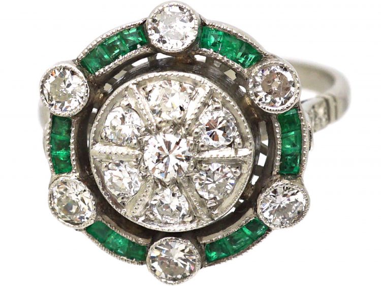 Art Deco Platinum, Emerald & Diamond Cluster Target Ring