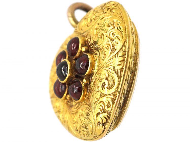 Regency 15ct Gold Heart Pendant set with Garnet Flower Cluster with Locket on Reverse