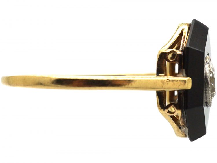 Art Deco 18ct Gold, Onyx & Diamond Hexagonal Ring