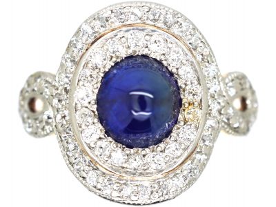 Art Deco 18ct Gold & Platinum, Cabochon Sapphire & Diamond Cluster Ring by Bailey Banks & Biddle