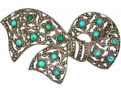 Art Deco Large Silver, Marcasite & Turquoise Bow Brooch