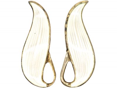 1950s White Enamel Clip On Leaf Earrings by Finn Jensen