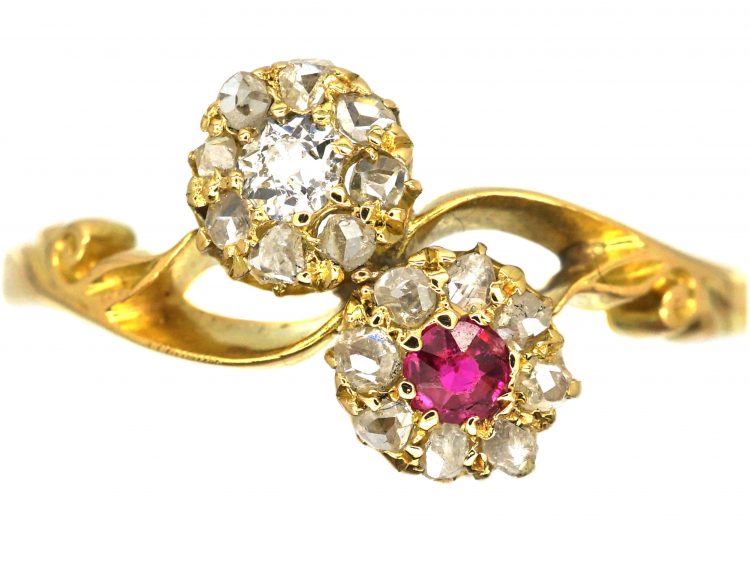 Edwardian 18ct Gold Ruby & Diamond Double Daisy Cluster Ring