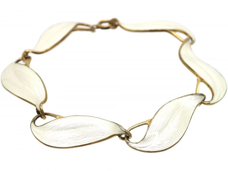1950s Silver & White Enamel Leaves Bracelet by Finn Jensen