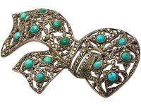 Art Deco Large Silver, Marcasite & Turquoise Bow Brooch