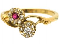 Edwardian 18ct Gold Ruby & Diamond Double Daisy Cluster Ring