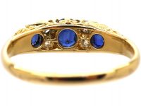 Edwardian 18ct Gold, Three Stone Sapphire & Diamond Carved Half Hoop Ring