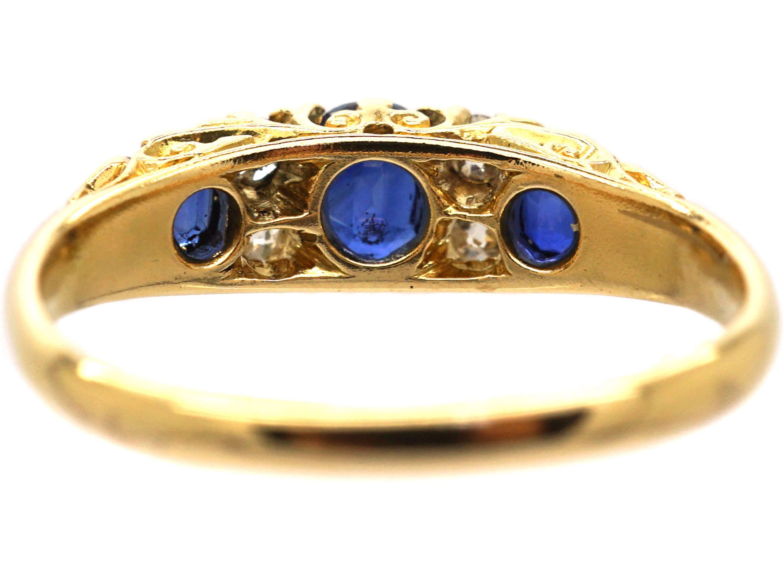 Edwardian 18ct Gold, Three Stone Sapphire & Diamond Carved Half Hoop ...