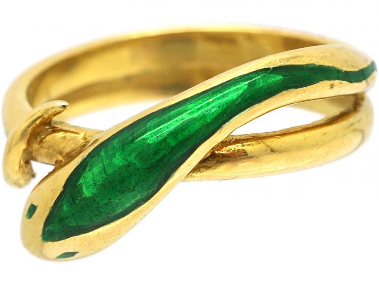 1970s 18ct Gold & Green Enamel Snake Ring