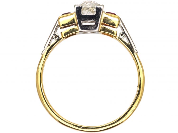 Art Deco 18ct Gold & Platinum, Diamond Solitaire Ring with a Square Cut Ruby on Either Side