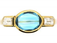 18ct Gold, Cabochon Aquamarine & Baguette Diamond Ring