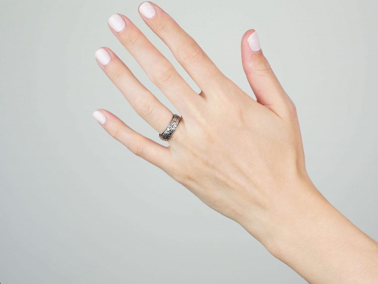 Art Deco Wide Platinum Wedding Ring with Flower Detail