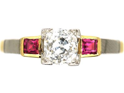 Art Deco 18ct Gold & Platinum, Diamond Solitaire Ring with a Square Cut Ruby on Either Side