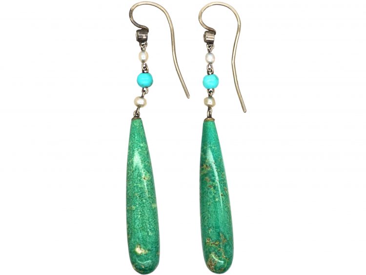Art Deco Rose Diamond, Turquoise, Natural Pearl & Amazonite Drop Earrings by Liberty in Original Case