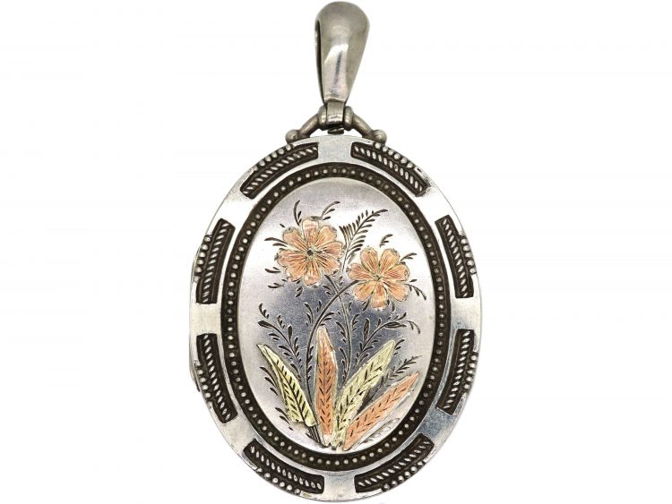 Victorian Silver & Two Colour Gold Overlay Locket with Flower Motif