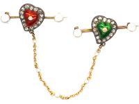 Edwardian Suffragette Pair of 15ct Gold, Rose Diamond, Enamel & Bouton Pearl Heart Shaped Brooches in Original Case