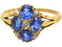 Edwardian 18ct Gold, Four Stone Sapphire & Diamond Cluster Ring