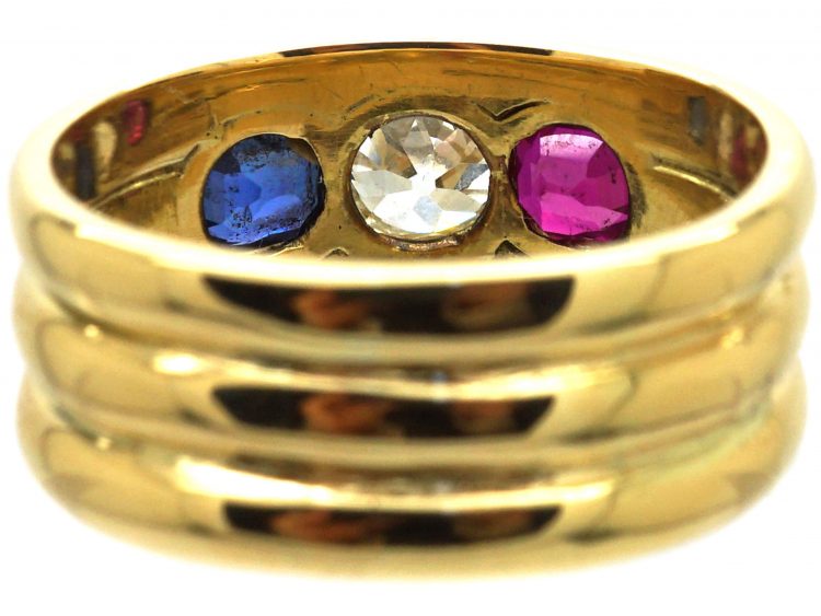 Retro 18ct Gold, Red, White & Blue Gem Set Ring