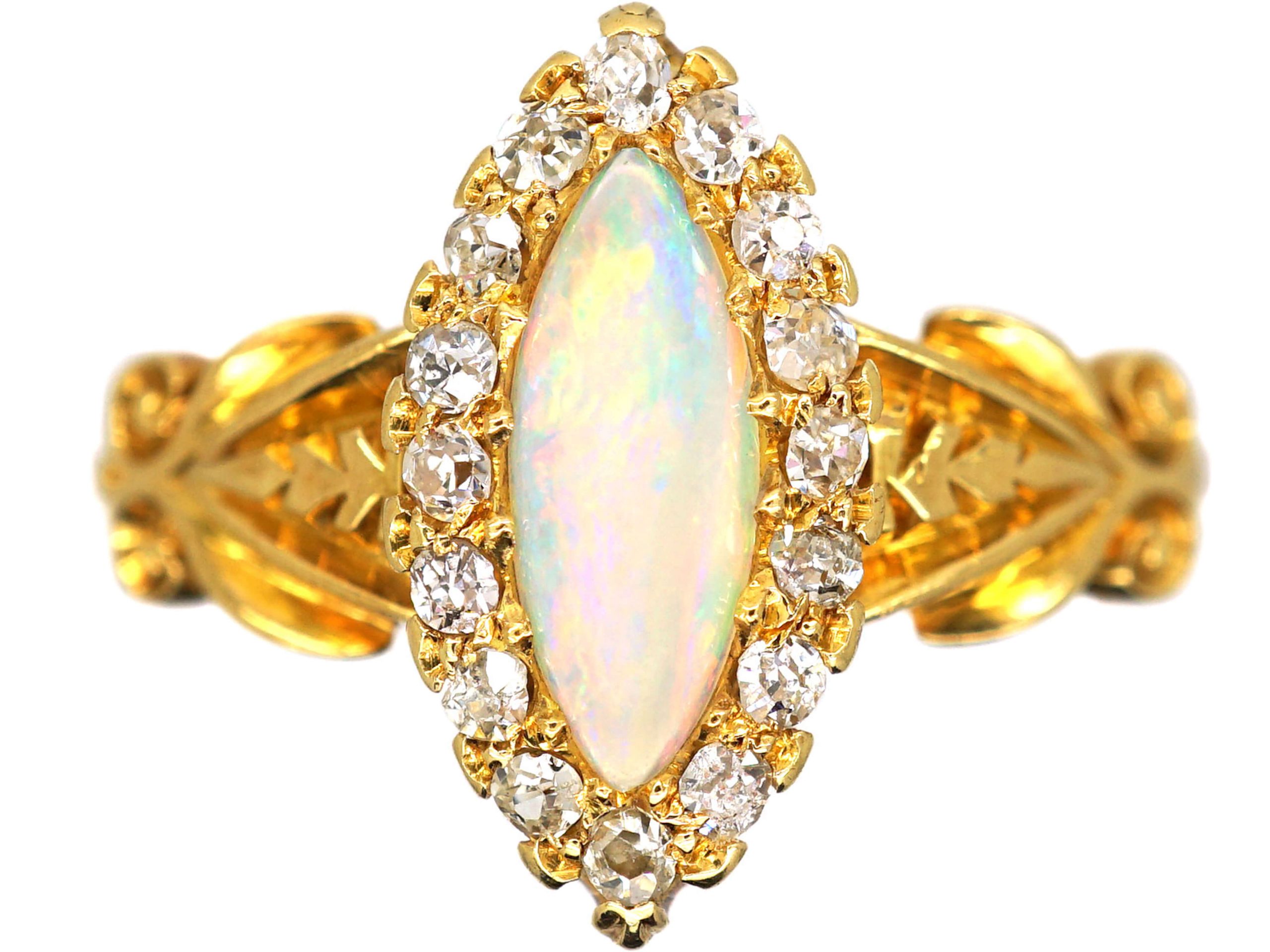 Edwardian 18ct Gold, Opal & Diamond Marquise Ring (407S) | The Antique ...