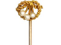 Edwardian 15ct Gold & Three Natural Pearls Lover's Knot Tie Pin